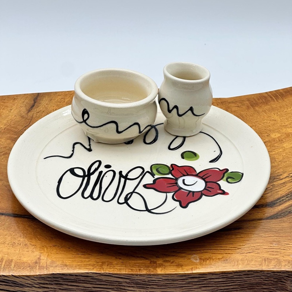 Marie-France Hand Painted Ceramic Olive Serving Set Plate with Pick & Pit Holder